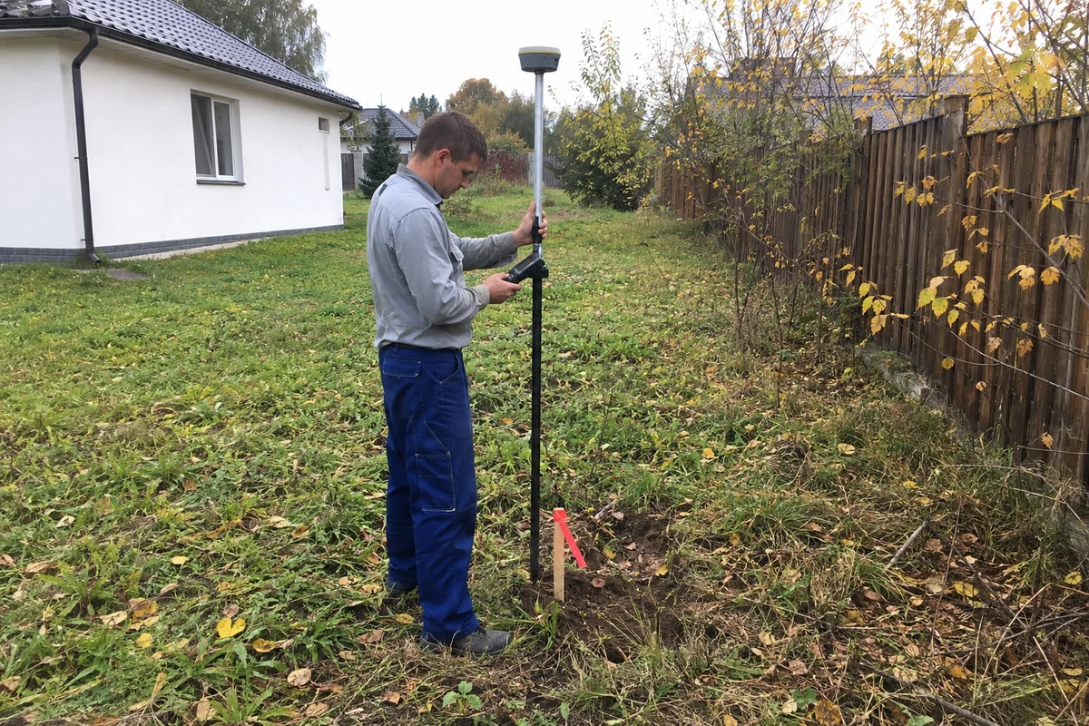 Геодезист с GNSS-приёмником у закреплённой точки границы участка