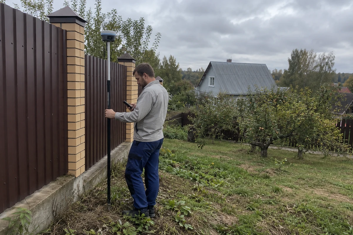 Геодезист с GNSS-приёмником измеряет существующее ограждение участка