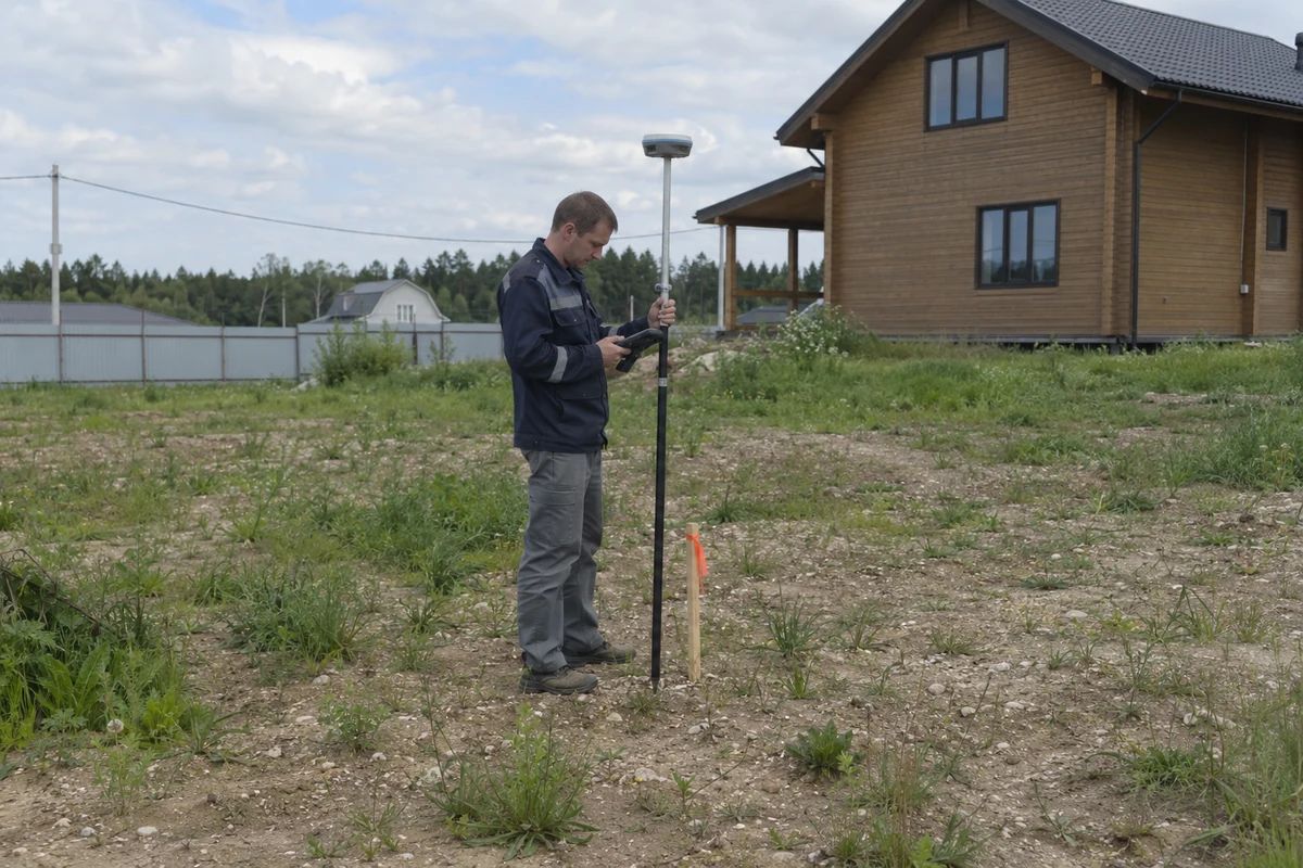 Геодезист с GNSS-приёмником у закреплённой точки границы участка