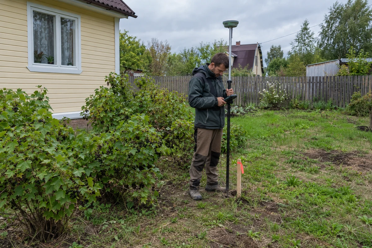 Геодезист с GNSS-приёмником у закреплённой точки границы участка