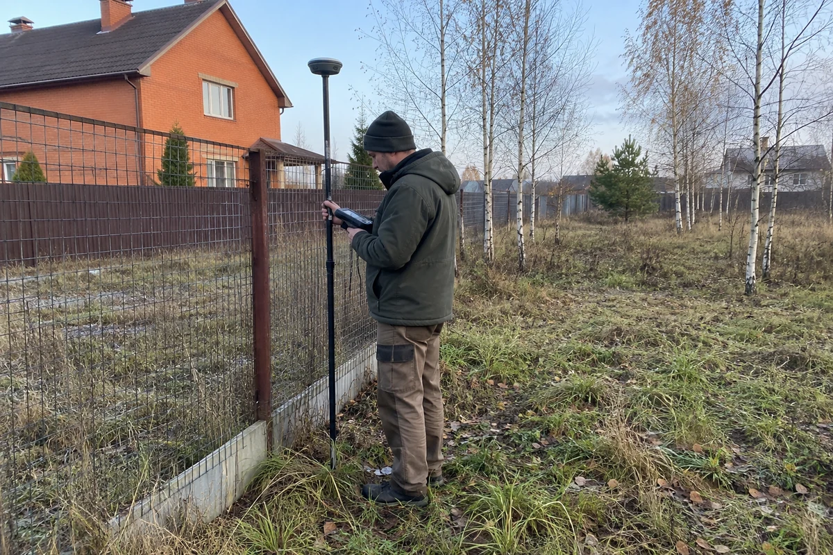 Геодезист с GNSS-приёмником измеряет существующее ограждение участка