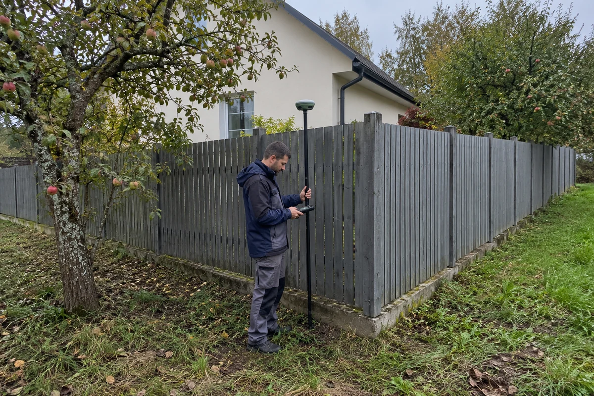 Геодезист с GNSS-приёмником измеряет существующее ограждение участка