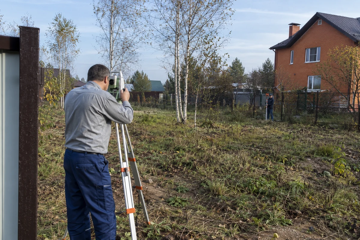 Геодезист с тахеометром выполняет топографическую съёмку участка