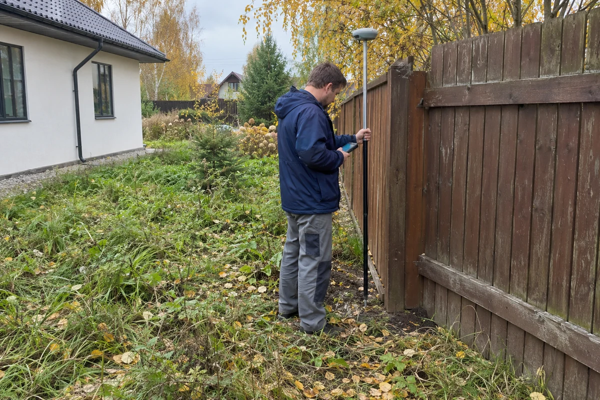 Геодезист с GNSS-приёмником измеряет существующее ограждение участка