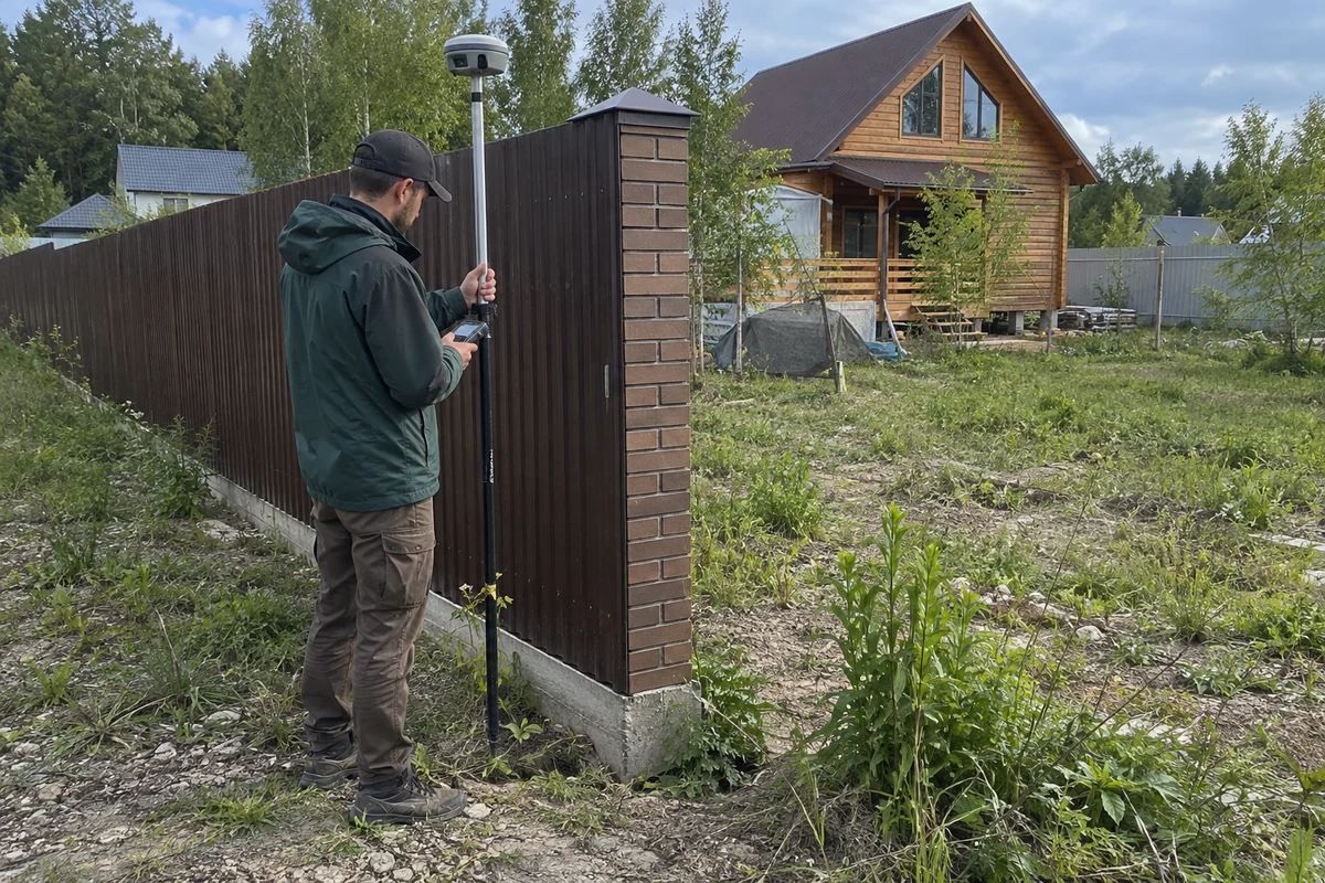 Геодезист с GNSS-приёмником измеряет существующее ограждение участка