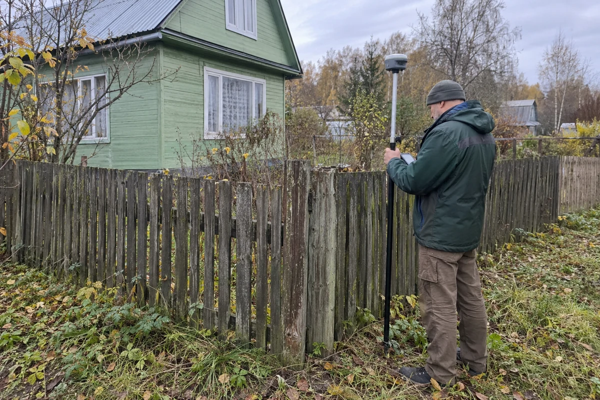 Геодезист с GNSS-приёмником измеряет существующее ограждение участка