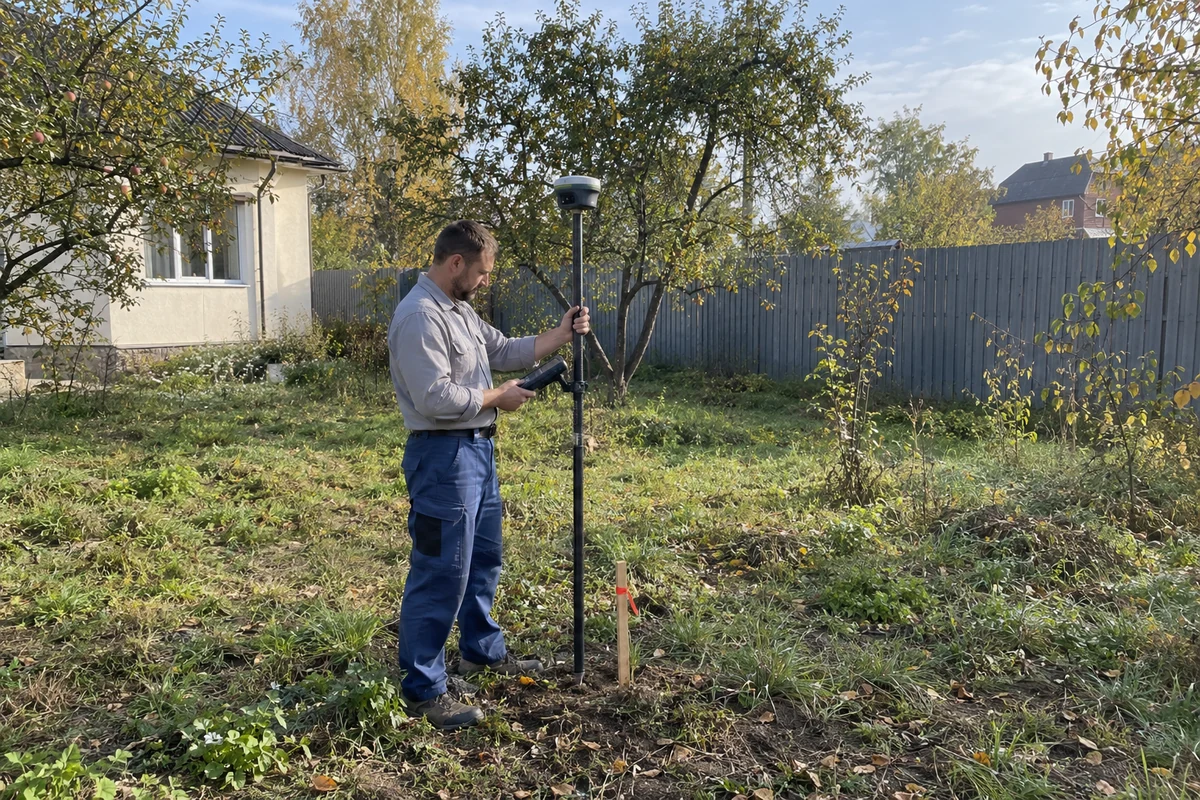 Геодезист с GNSS-приёмником у закреплённой точки границы участка