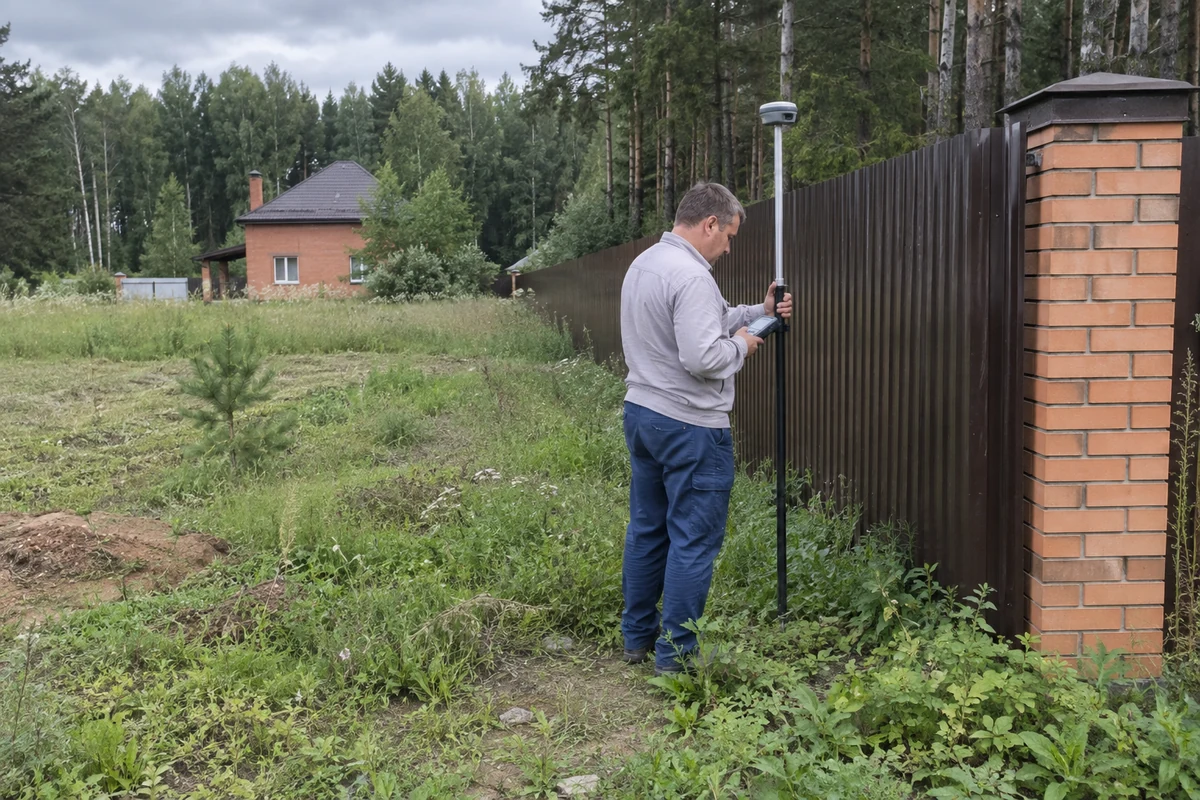Геодезист с GNSS-приёмником измеряет существующее ограждение участка