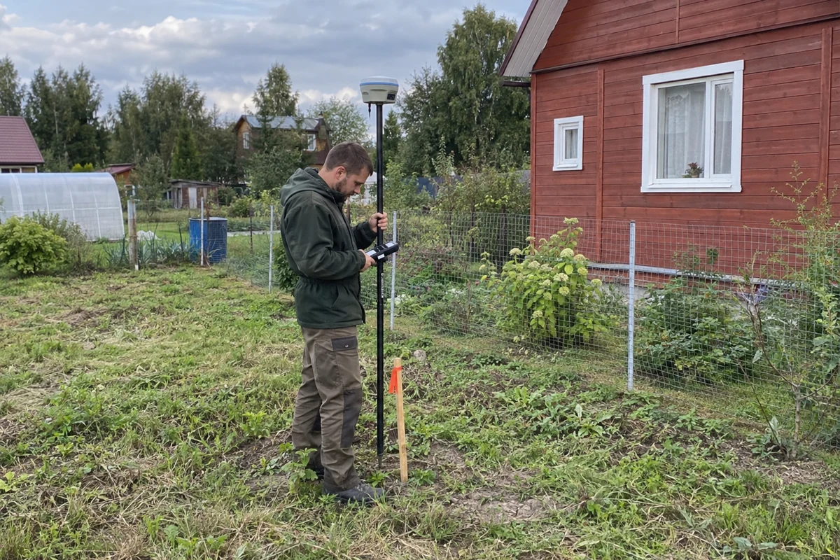 Геодезист с GNSS-приёмником у закреплённой точки границы участка