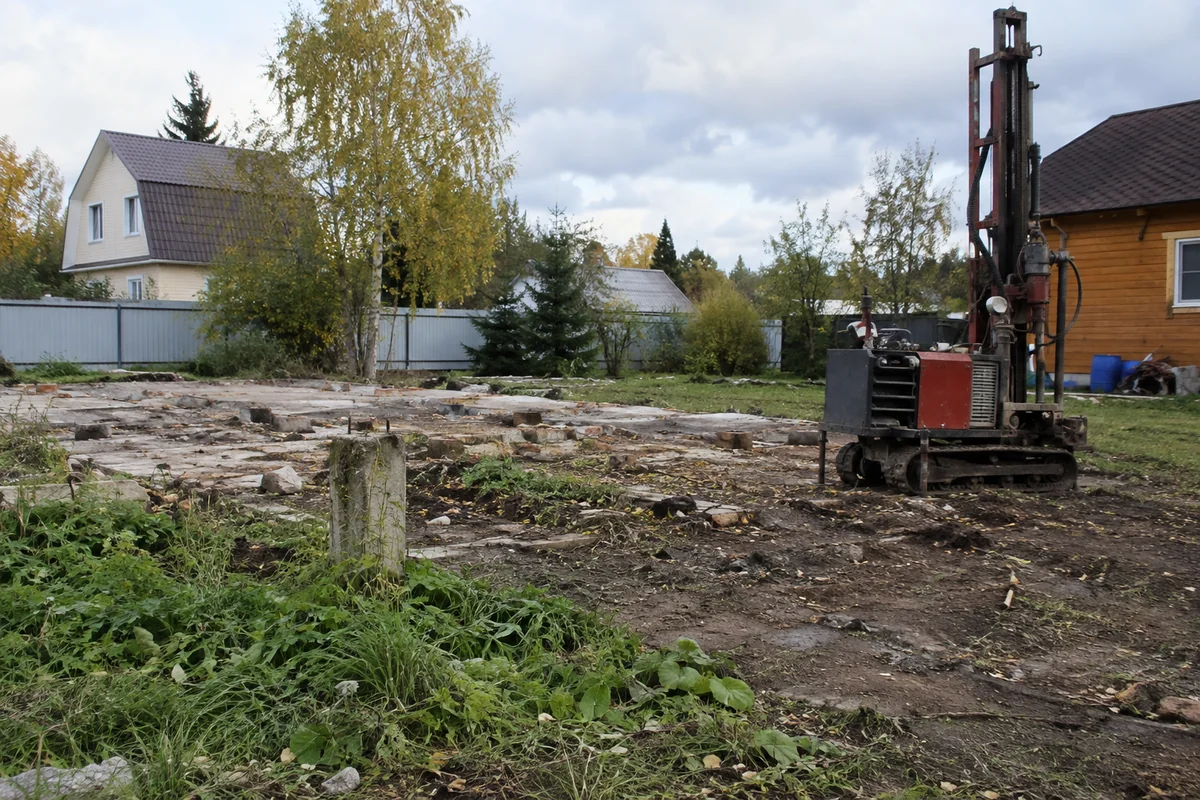 Буровая установка рядом с остатками демонтированного дома