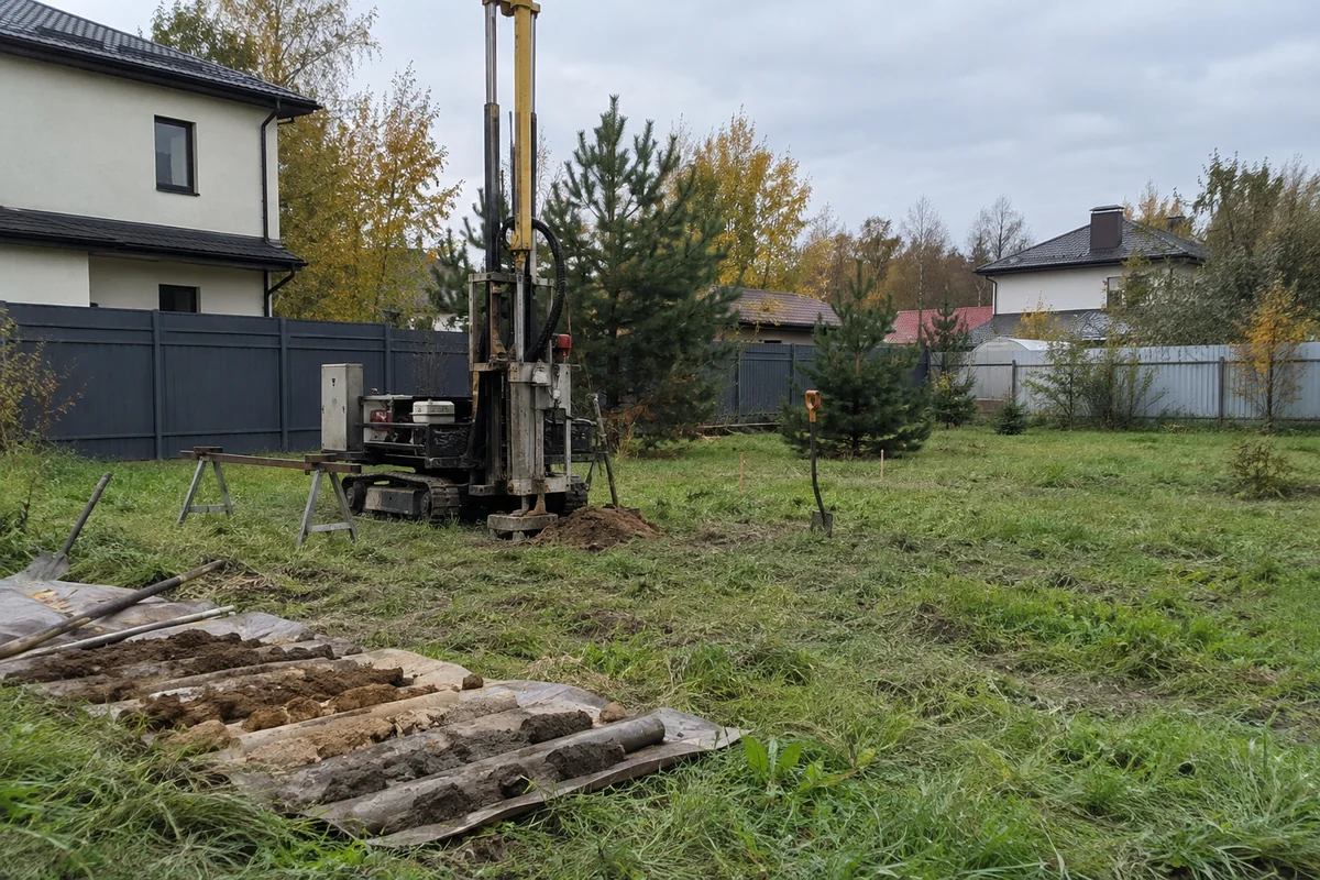 Буровая установка на размеченной площадке возле современного дома